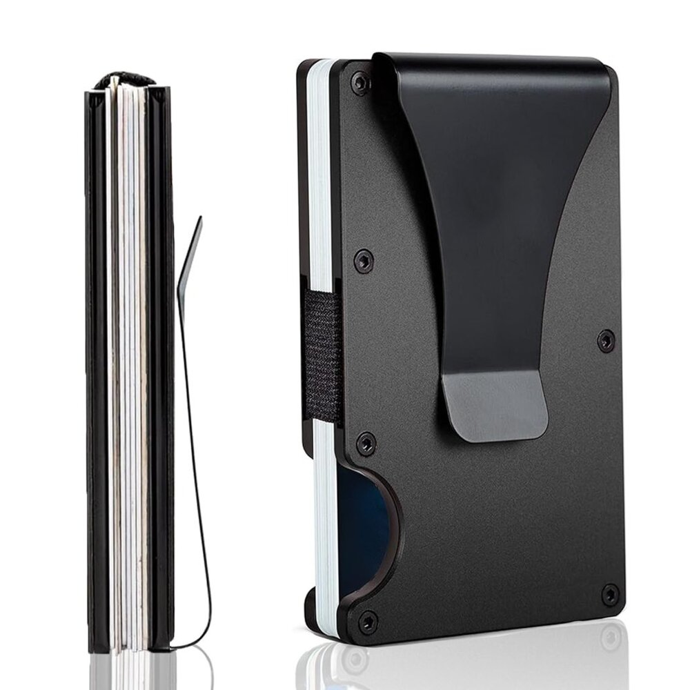 RFID Blocking Slim Wallet with Money Clip | Minimalist Metal Card Holder (Black)